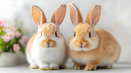 Obraz premium Two cute rabbits sitting together, flowers background, springtime, pet portrait