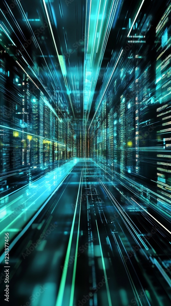Poster explore the depths of a futuristic digital network with dynamic lighting and motion