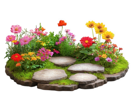 vibrant children garden featuring colorful flowers and playful stepping stones, creating cheerful and inviting atmosphere for outdoor exploration and play