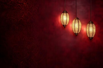 A warm ambiance created by three ornate lanterns against a rich red background.
