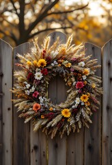 A vibrant memorial wreath adorns a rustic wooden fence, evoking warmth and remembrance amidst golden autumn hues.