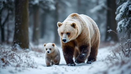 Brown Bear and Cub Walking in Snowy Winter Forest