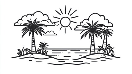 Tropical beach scene, palm trees, sunshine, ocean, summer vacation illustration
