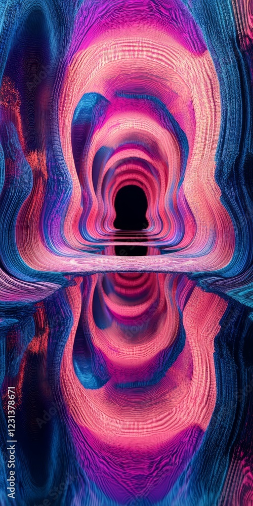 Poster a mesmerizing abstract tunnel with vivid neon colors reflecting on a water surface, creating a futur