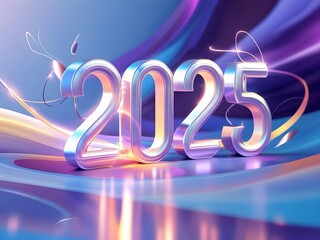 2025 in bold, elegant typography with a glowing metallic finish, set against a vibrant background of swirling colors, soft gradients, and radiant beams, symbolizing hope and innovation.