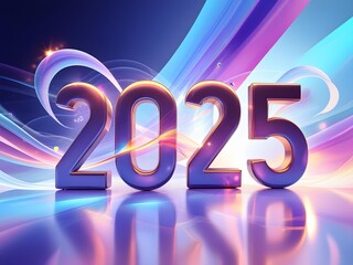 2025 in bold, elegant typography with a glowing metallic finish, set against a vibrant background of swirling colors, soft gradients, and radiant beams, symbolizing hope and innovation.