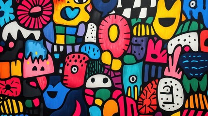Colorful street art mural, vibrant shapes, city background, design texture