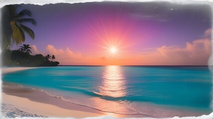 A breathtaking sunset casts vibrant colors across the sky, reflecting on the tranquil turquoise waters of a tropical beach. Palm trees silhouette against the colorful horizon