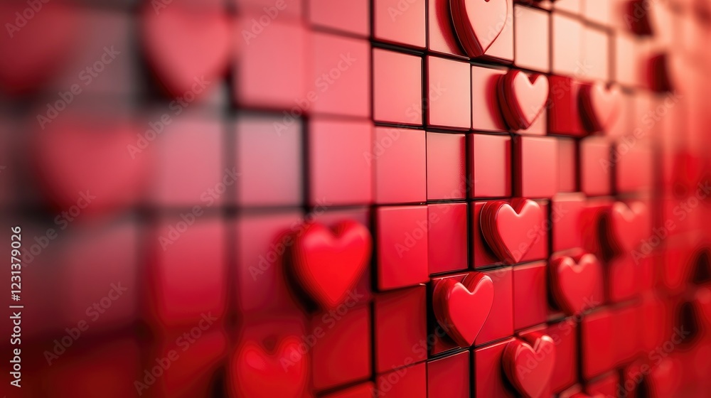 Aufkleber A 3D abstract background of red heart blocks stacked together, creating a unique and romantic display symbolizing love and emotion