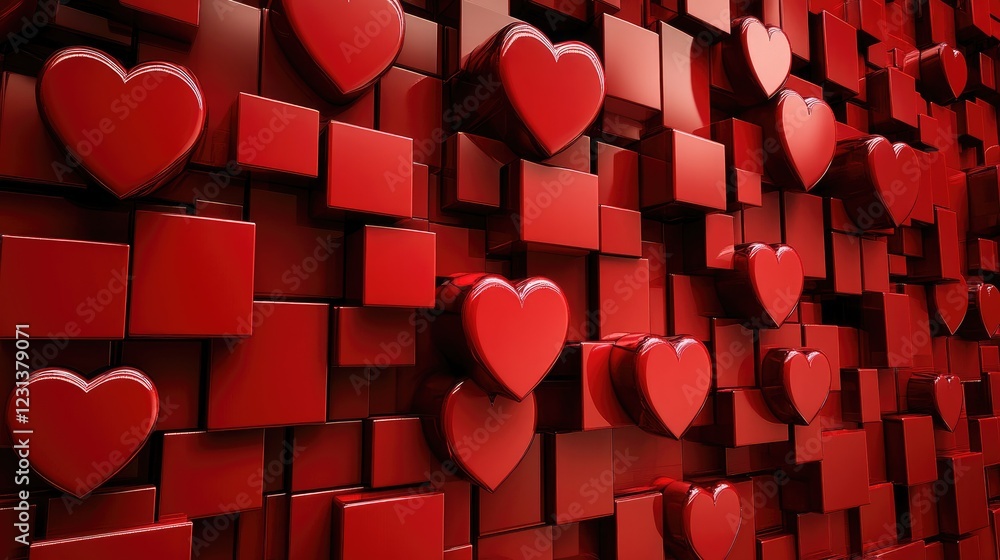 Aufkleber A 3D abstract background of red heart blocks stacked together, creating a unique and romantic display symbolizing love and emotion