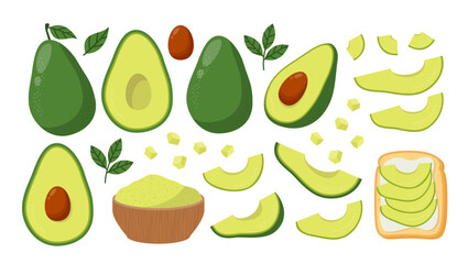 Avocado Collection. Whole, Sliced, Half, Chopped Avocado, Guacamole Set.