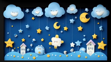 Whimsical Night Sky Scene with Hanging Clouds, Stars, and Moon