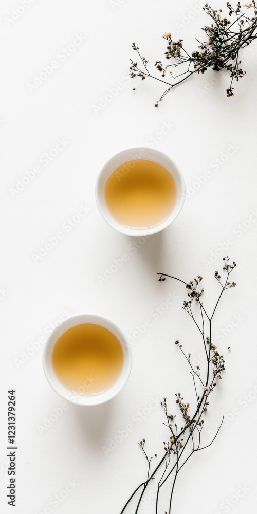 Poster two cups of tea sit on a white table, one on the left and one on the right. the table is surrounded 