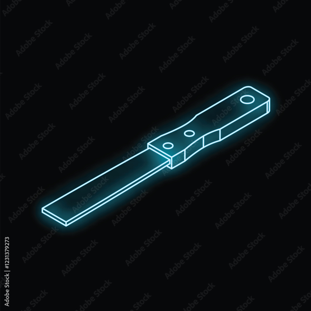 Aufkleber neon glowing chisel with wooden handle floating on dark background, isometric view