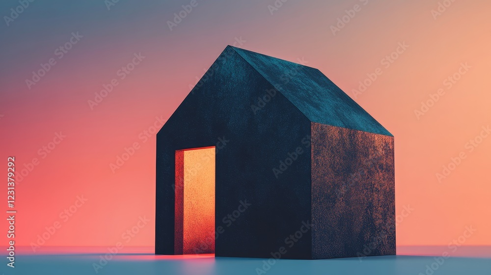 Poster an abstract minimalist house illuminated by warm light, set against a colorful backdrop. this image 