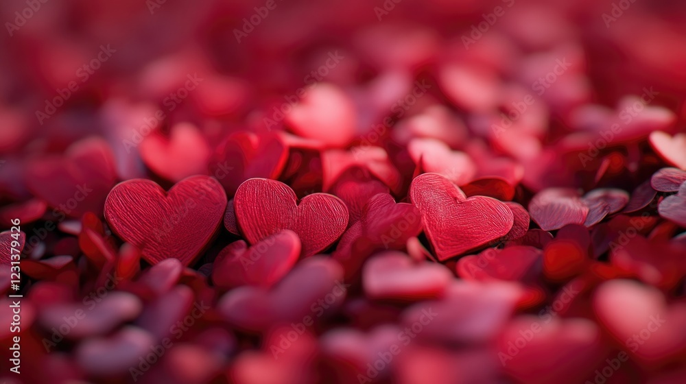 Poster a 3d rendered pile of small red hearts, visually representing love, unity, and affection in a modern