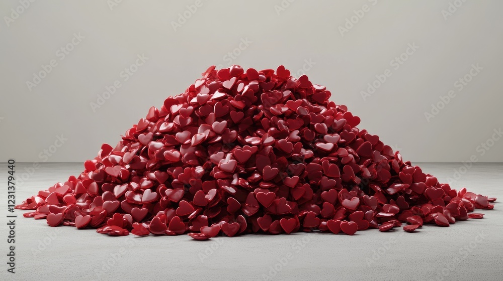 Poster A 3D rendering of a pile of hundreds of small red hearts, stacked together in a heap, symbolizing love, passion, and affection