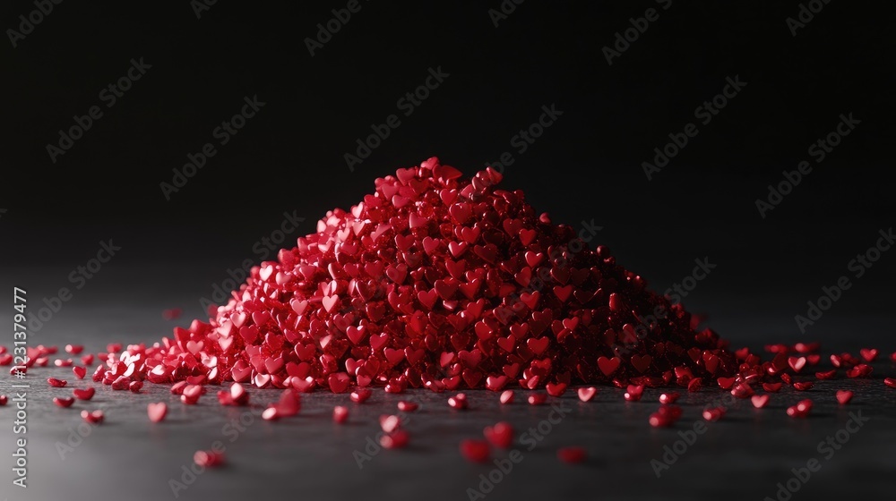 Poster a 3d rendering of a pile of hundreds of small red hearts, stacked together in a heap, symbolizing lo
