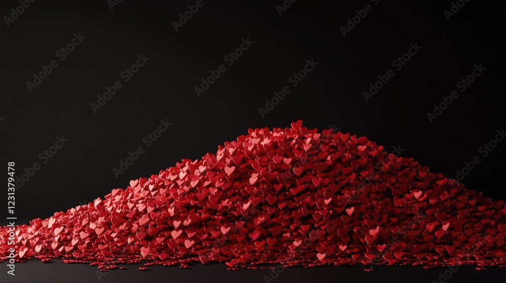 Poster A 3D rendering of a pile of hundreds of small red hearts, stacked together in a heap, symbolizing love, passion, and affection