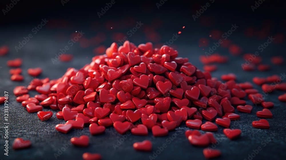 Poster a 3d rendered pile of small red hearts, visually representing love, unity, and affection in a modern