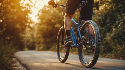 Naklejka premium Cyclist Riding Mountain Bike on Asphalt Road at Sunset
