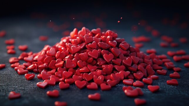 A 3D rendered pile of small red hearts, visually representing love, unity, and affection in a modern, digital artistic style