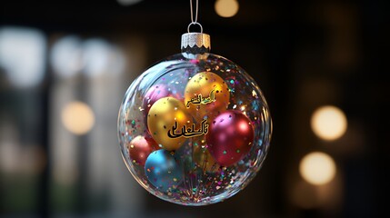 A transparent ornament featuring Eid greetings, vibrant balloons, and shimmering confetti for festive occasions.