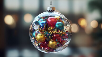 A transparent ornament featuring Eid greetings, vibrant balloons, and shimmering confetti for festive occasions.
