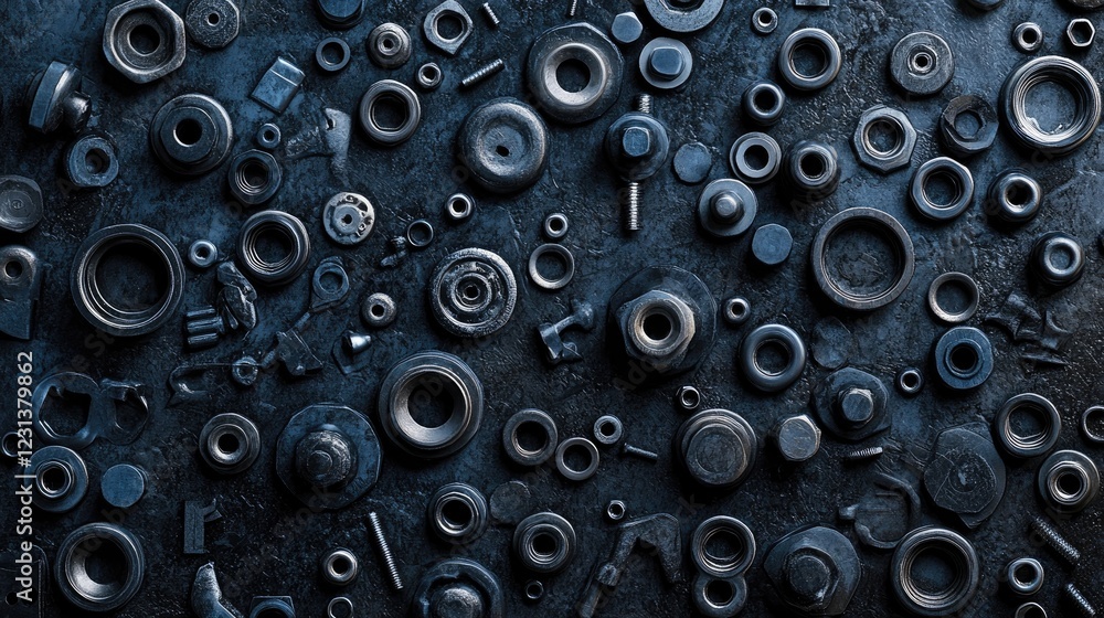 Poster a background of various nuts and bolts in different sizes and shapes, evoking the feeling of precisi