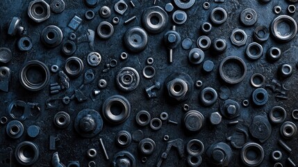A background of various nuts and bolts in different sizes and shapes, evoking the feeling of precision, construction, or engineering