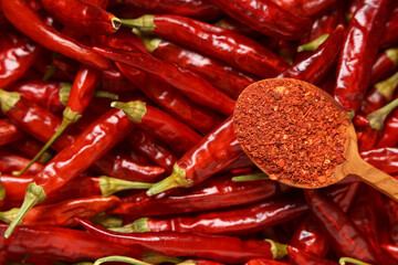Wooden spoon with red chili flakes on peppers as background