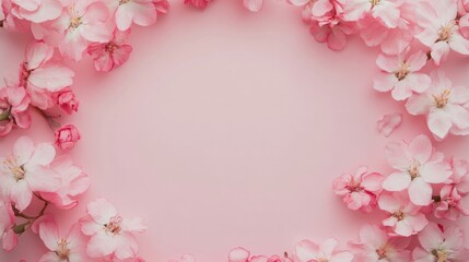 Fototapeta premium A beautiful pastel pink floral frame with delicate flowers around the edges, leaving a soft space for text or photo in the center