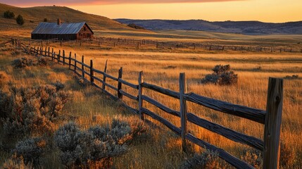 Obraz premium A beautiful sunrise casting soft light over a fenced ranch, highlighting the calmness and rustic beauty of rural life