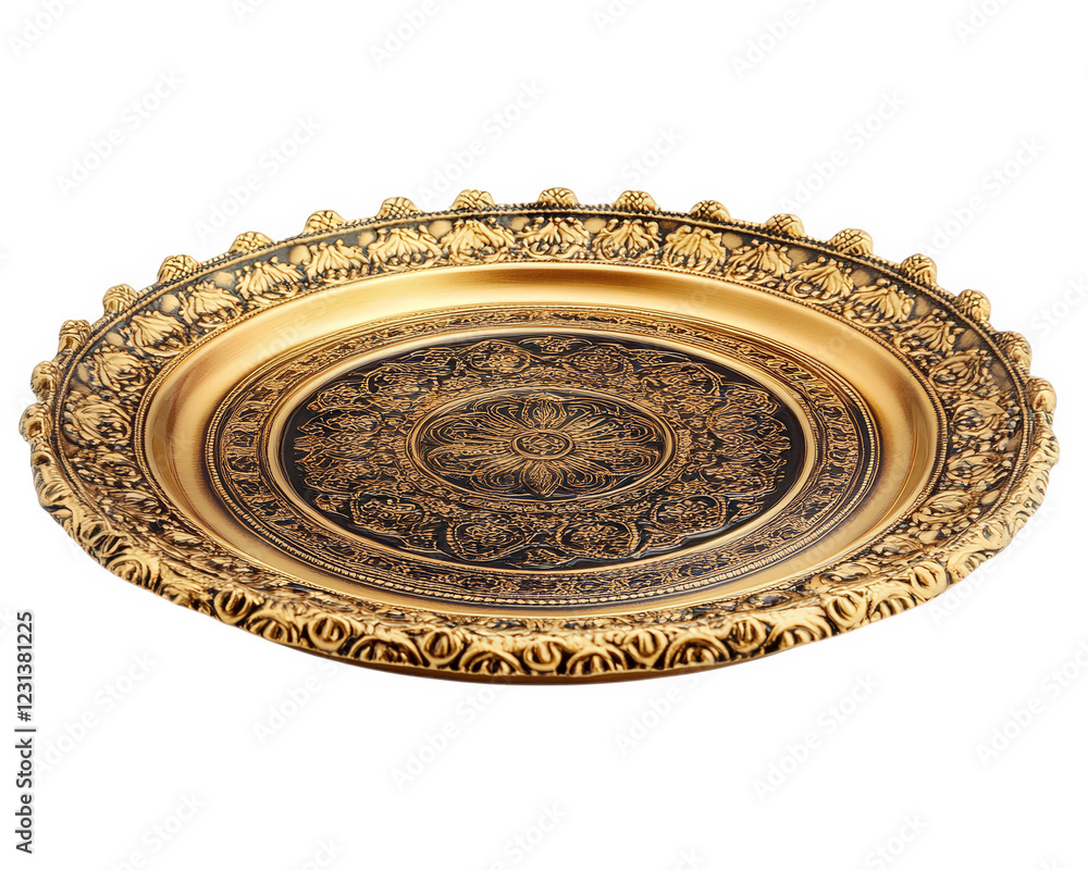 Poster decorative golden platter with intricate designs and scalloped edge, perfect for serving or display.