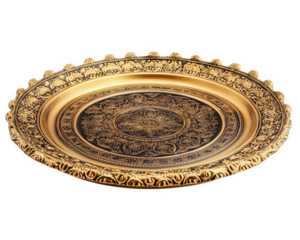 decorative golden platter with intricate designs and scalloped edge, perfect for serving or display. This ornate piece adds elegance to any setting