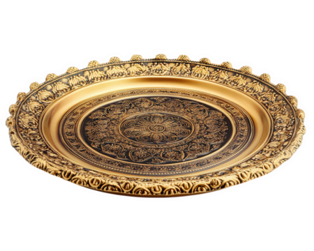 decorative golden platter with intricate designs and scalloped edge, perfect for serving or display. This ornate piece adds elegance to any setting