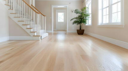 Light oak floors in spacious foyer, stairs, and large windows