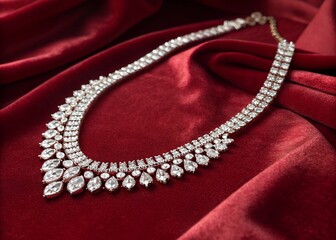 Elegant Diamond Necklace on Luxurious Red Velvet Background
