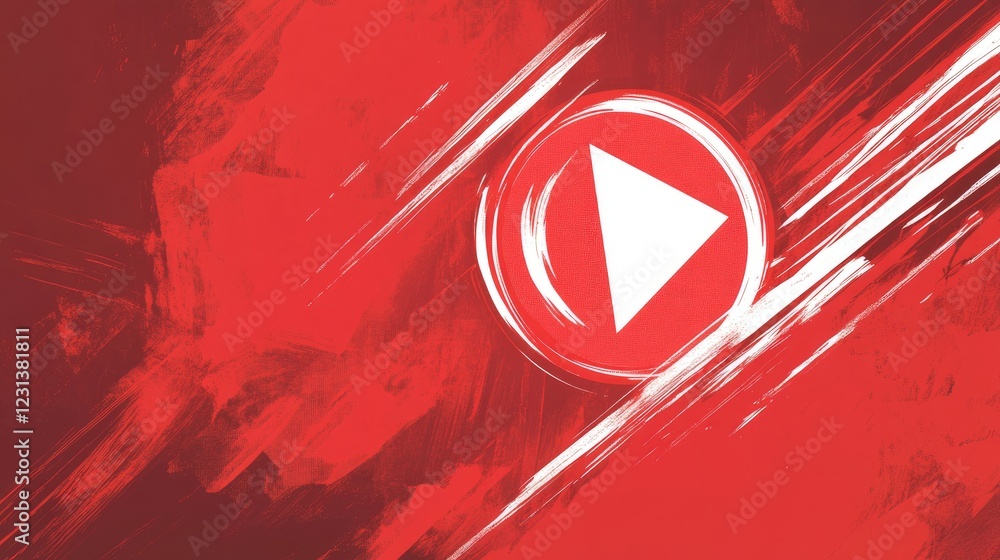 Poster a bold, red background with a play symbol button, symbolizing the start of a new project or media, w
