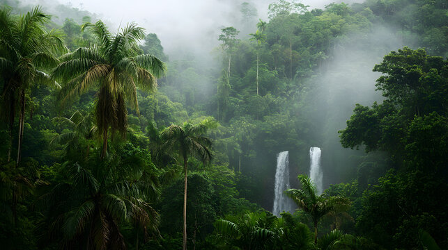 rainforest with mist-covered treetops and a hidden waterfall in the background 