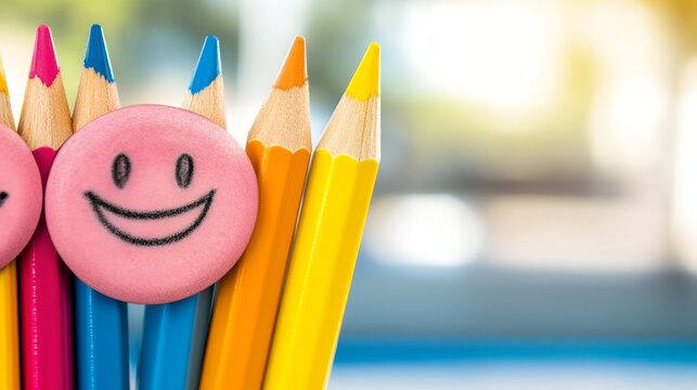 Colorful Pencils with Smiley Face Eraser Back to School Supplies Happy Learning Concept - Powered by Adobe