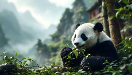 Obraz premium Adorable Panda Eating Bamboo in Misty Mountain Landscape