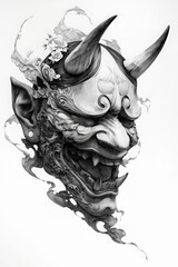 Oni Mask  Japanese Demon Art  Tattoo Design  Pencil Sketch