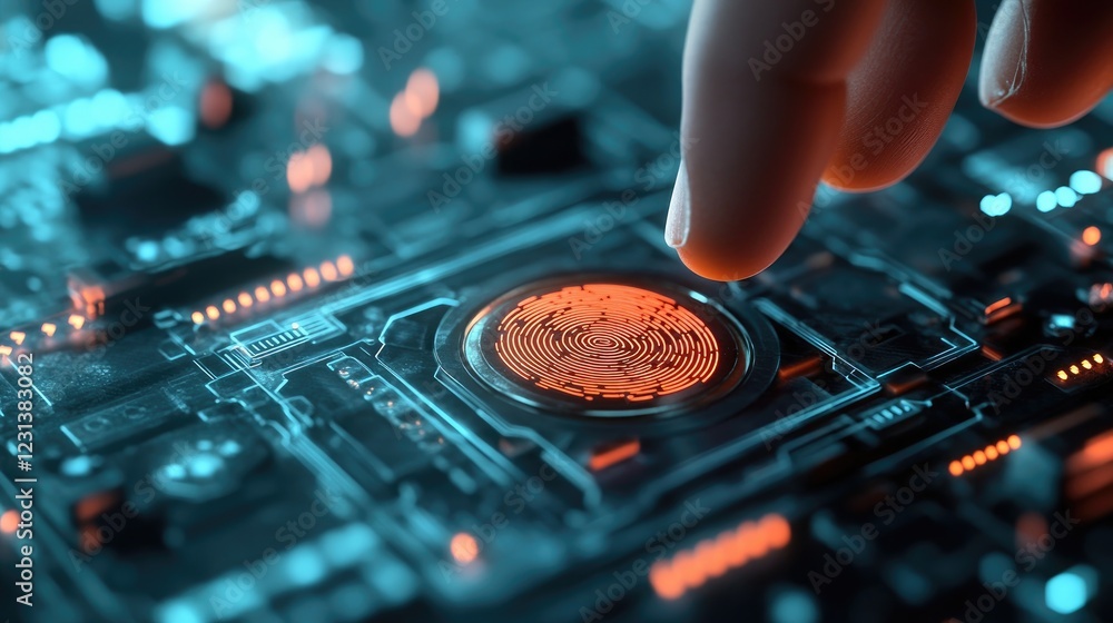 Poster A close-up of a fingerprint scan button being pressed, symbolizing biometric authentication, security, and digital identity verification