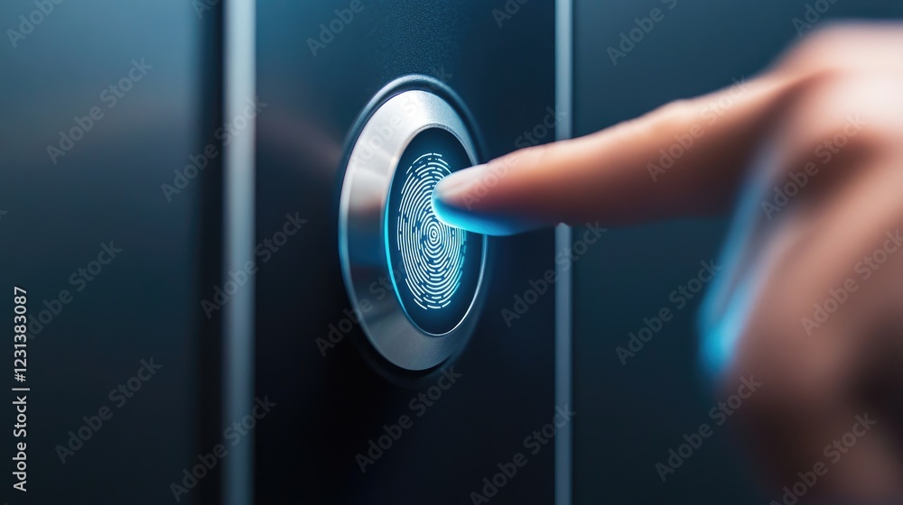 Aufkleber A close-up of a fingerprint scan button being pressed, symbolizing biometric authentication, security, and digital identity verification