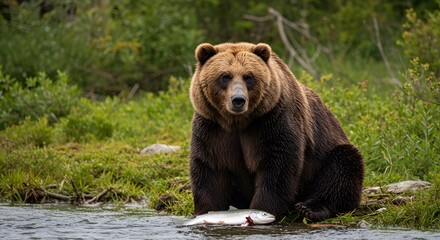 Obraz premium Grizzly Bear with Salmon Catch Wildlife Photography