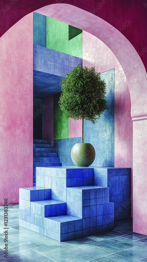 Poster surreal architectural composition featuring a floating olive tree and blue cube staircase