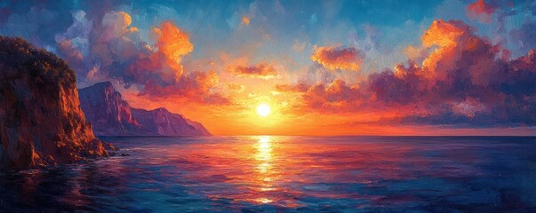 Sunset Over Coastal City Aerial View Impressionist Art