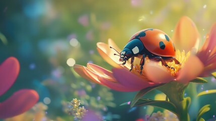 A close-up of a ladybug resting on a colorful flower with soft greenery in the background, perfect for nature-inspired or springtime visuals