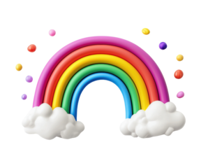 Colorful cartoon rainbow with clouds and playful dots